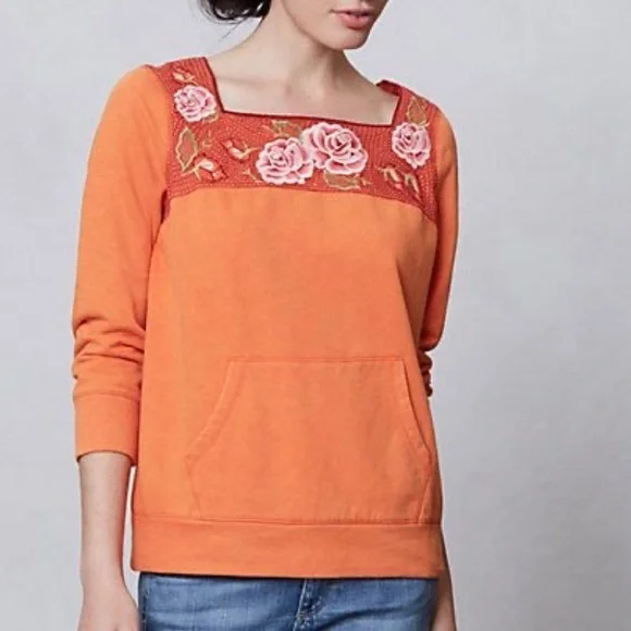 Anthropologie Orange Top with Pink Floral Embroidery - Picture 1 of 3